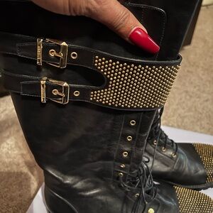 Versace Black and Gold Studded Combat Boots